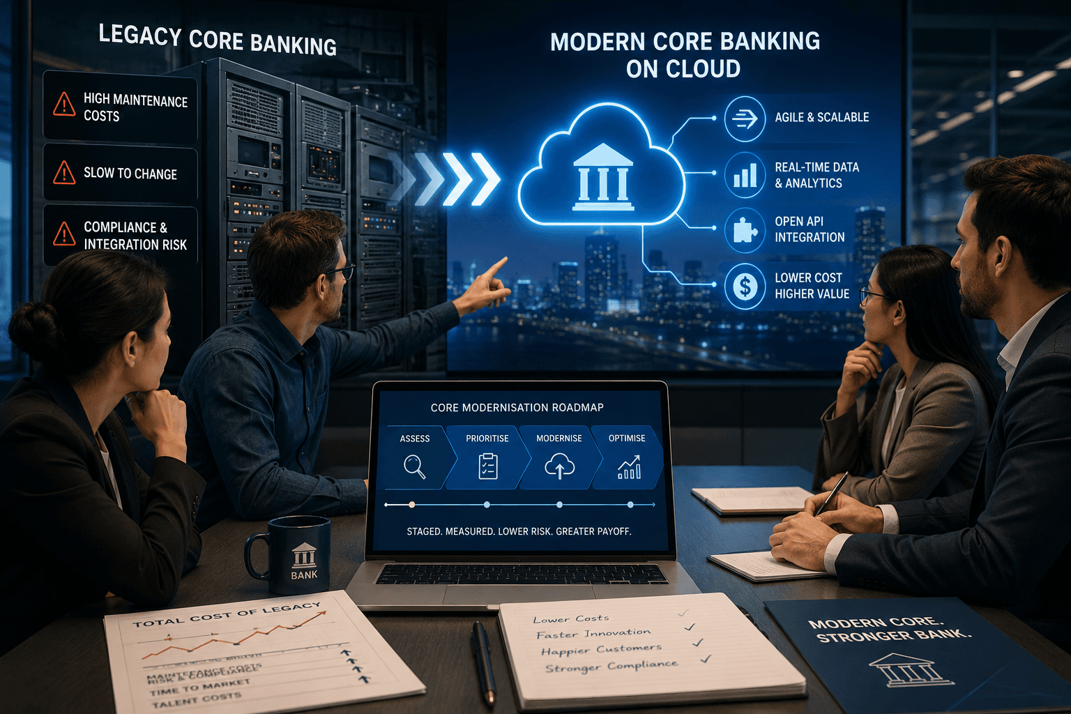 Legacy core banking systems being modernised onto a cloud platform by a bank technology team