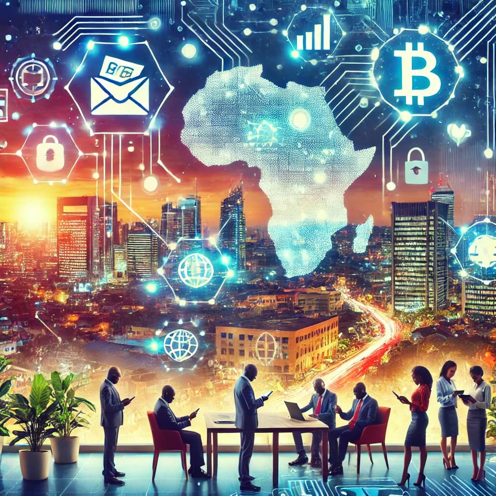 The rapid growth of fintech in Africa, showcasing digital banking, mobile payments, and financial innovation in a futuristic African city.