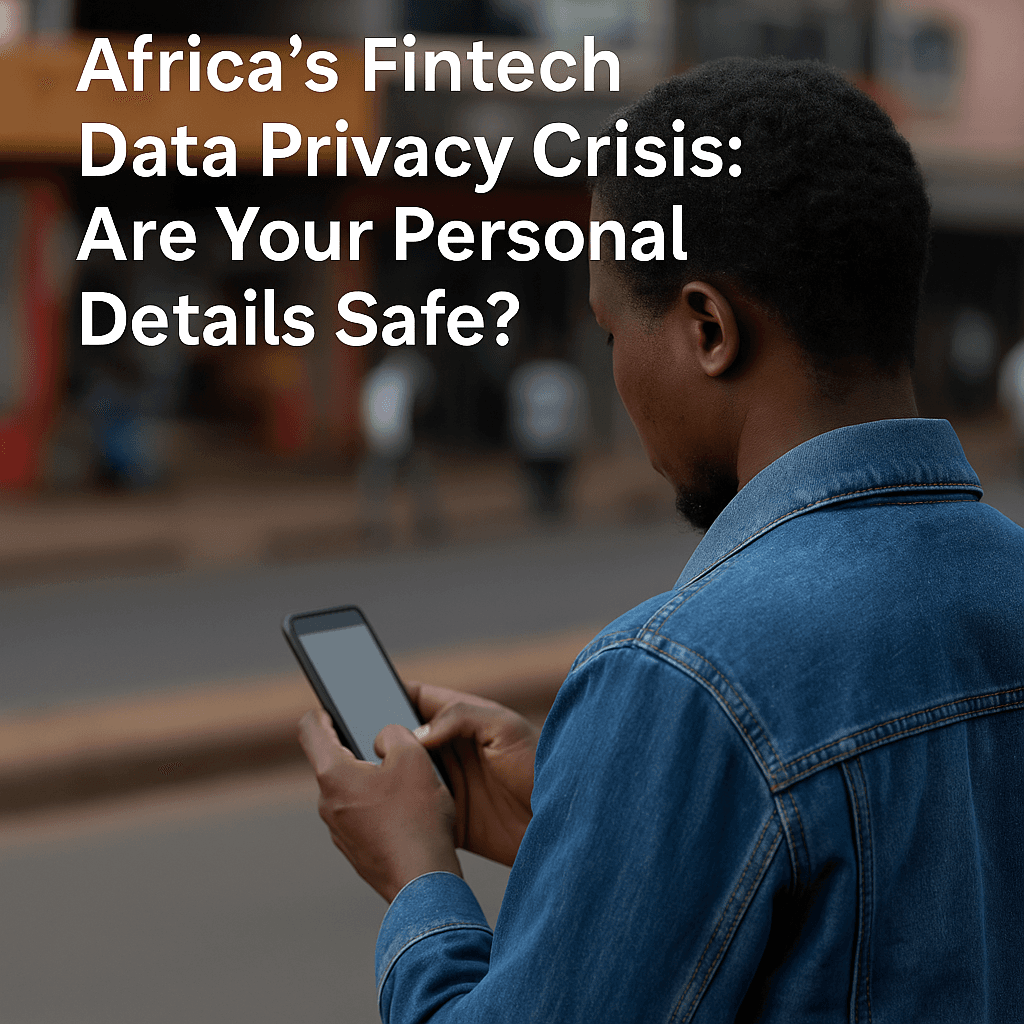 A person using a smartphone in an urban African setting, symbolizing data privacy concerns in fintech.
