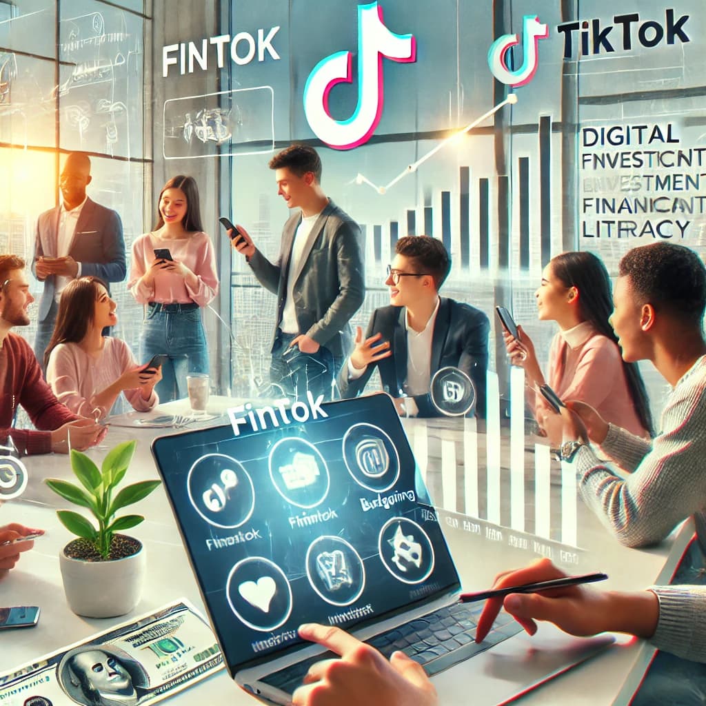 Young adults engaging with financial education content on TikTok, discussing investment tips and budgeting.