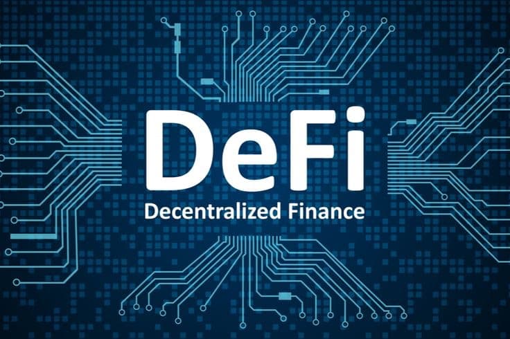 A digital illustration of the word "DeFi" (Decentralised Finance) with circuit-like lines extending from it, symbolizing decentralized financial networks.