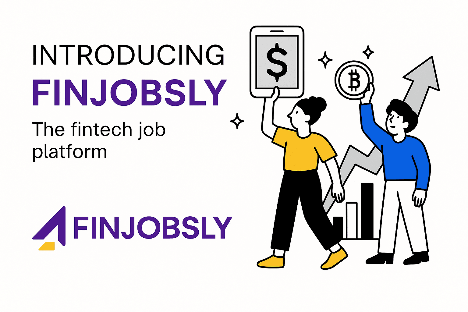 Finjobsly launch announcement banner with AI robot, fintech icons, and diverse professionals connecting through smart hiring technology.