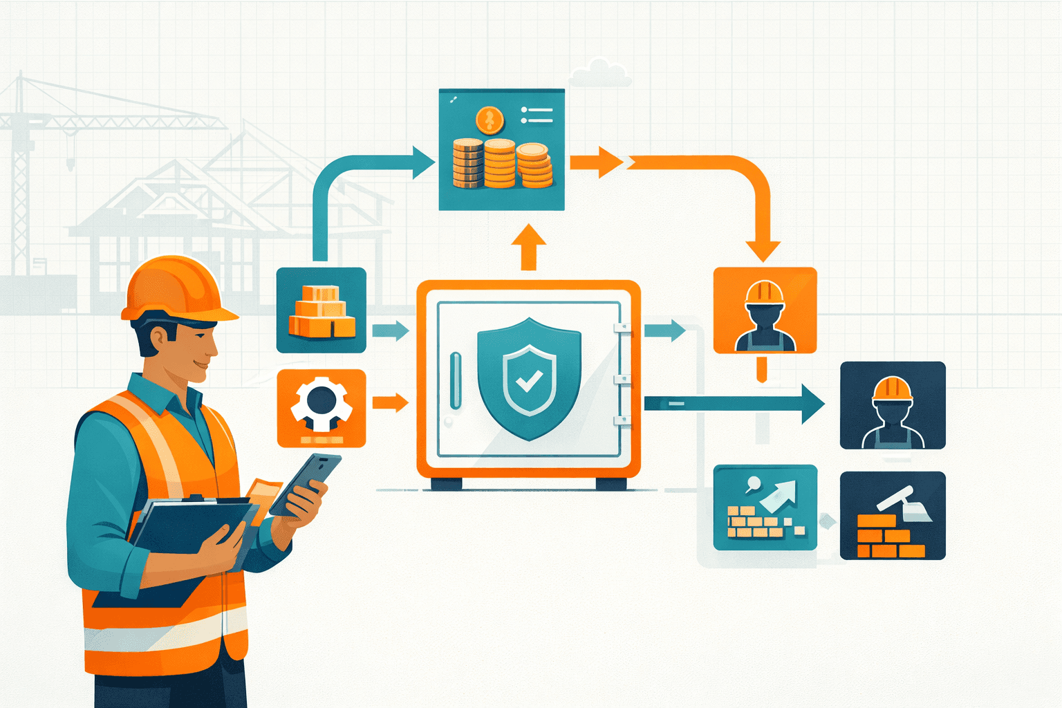 Builder reviewing digital payment dashboard on tablet at construction site