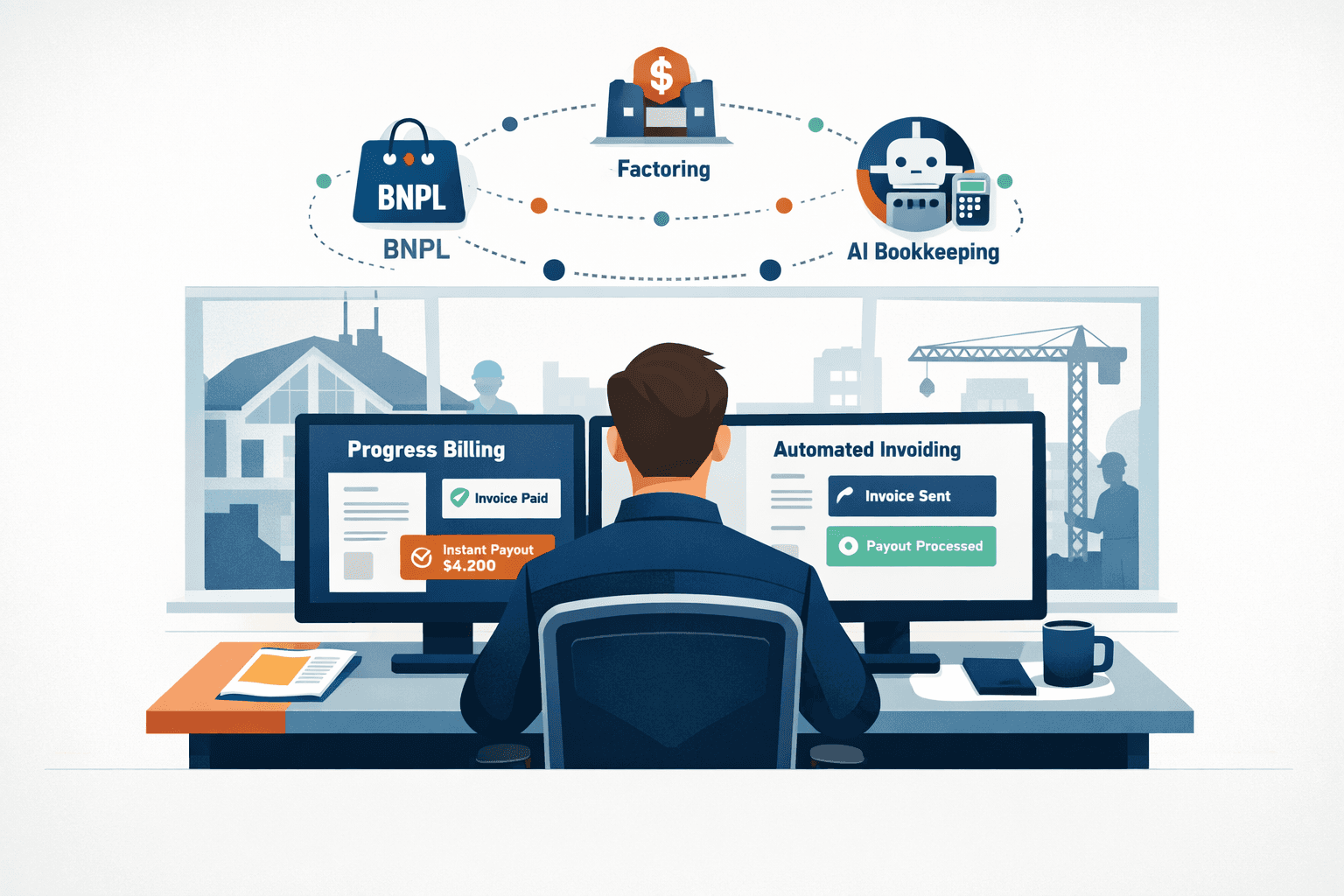 Construction business owner using fintech software to manage project payments and cash flow