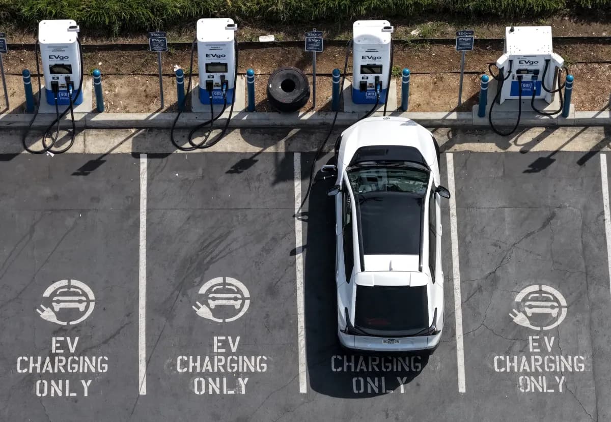 A row of electric vehicles plugged into public charging stations in a parking lot