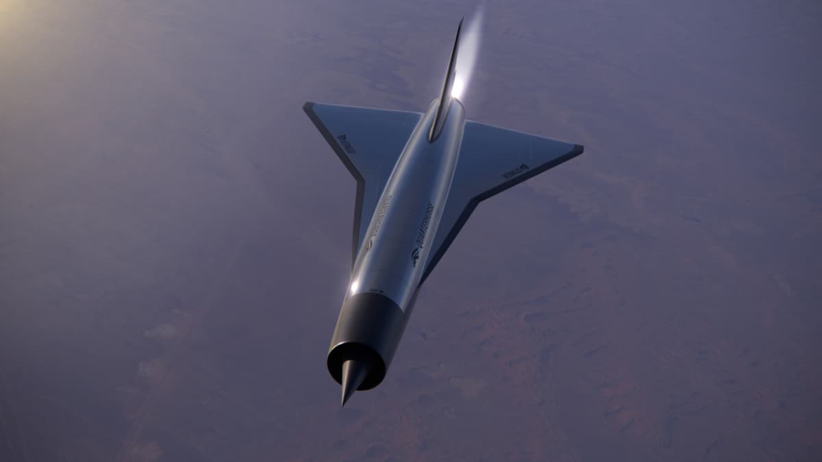 Hermeus Quarterhorse Mk 2 autonomous hypersonic fighters prototype flying over desert terrain
