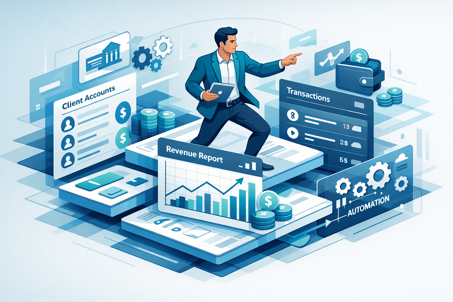 Fractional CFO fintech specialist reviewing financial dashboards across multiple client accounts