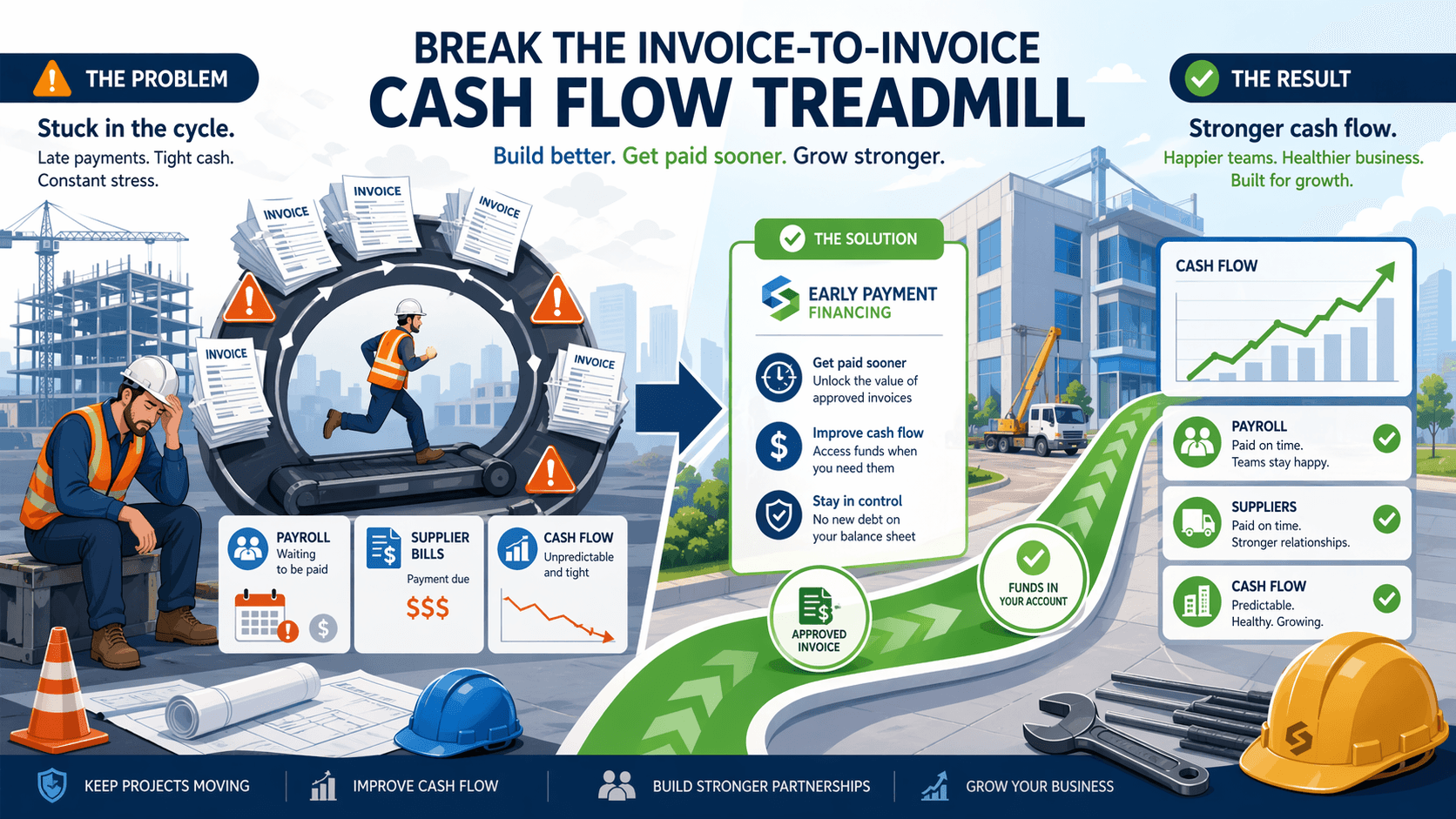 Construction supply chain finance workflow showing subcontractor invoice approval and early payment