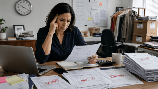 SME owner reviewing overdue invoices and the hidden costs of late B2B payments