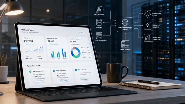 Fintech financial guidance dashboard showing personalised advice powered by data infrastructure and an AI recommendation engine