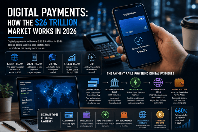 Digital payments dashboard showing card networks, account-to-account rails, digital wallets, and instant settlement in 2026