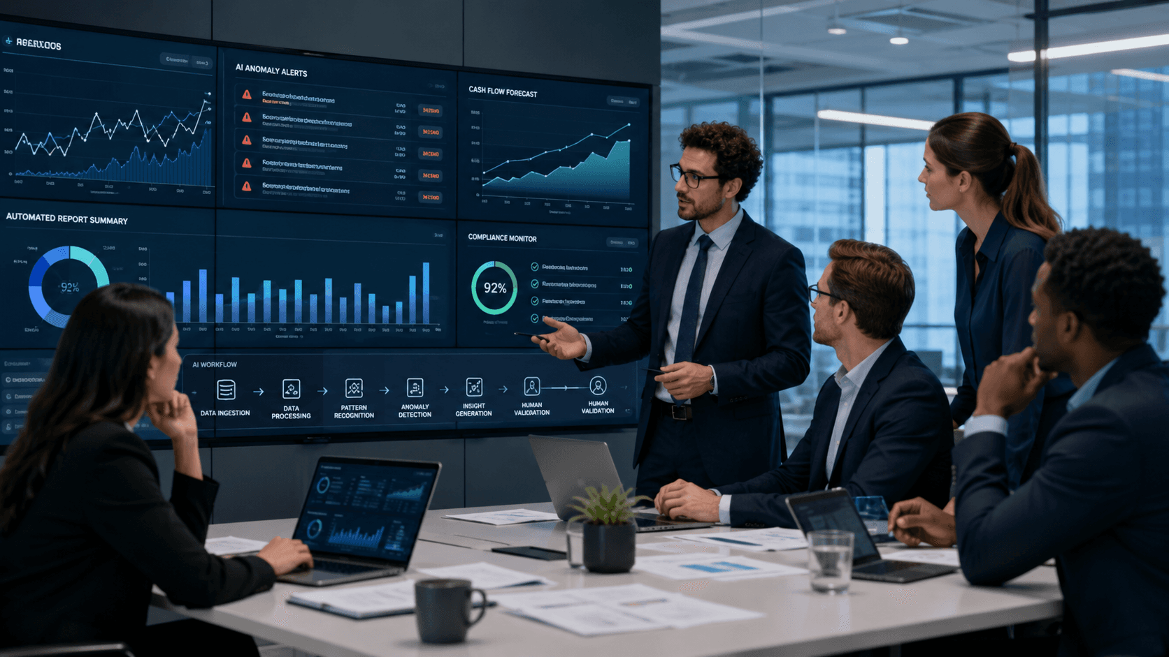 AI finance workforce team reviewing automated reports and validating outputs on a dashboard