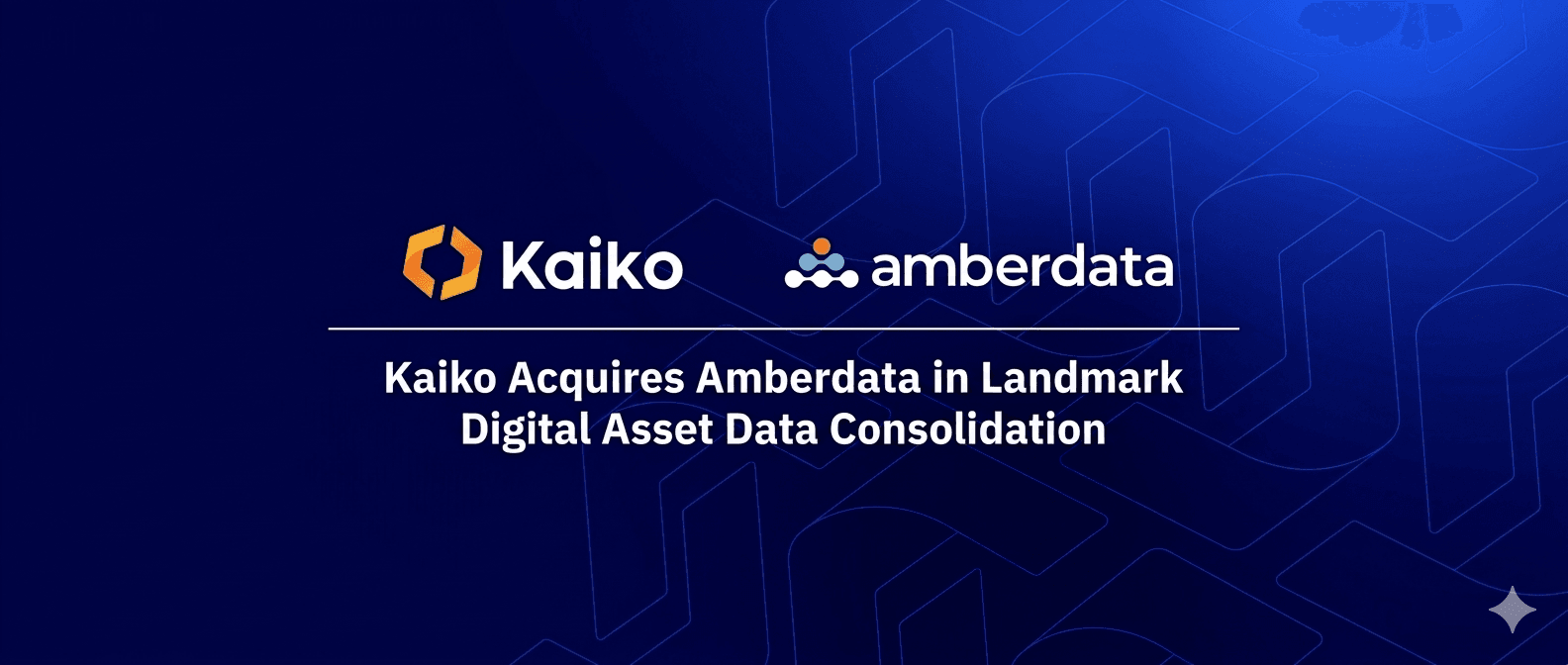 A dark blue cover image for a Fintechbits article featuring the Kaiko and Amberdata logos in white, above a headline that reads "Kaiko Acquires Amberdata in Landmark Digital Asset Data Consolidation."