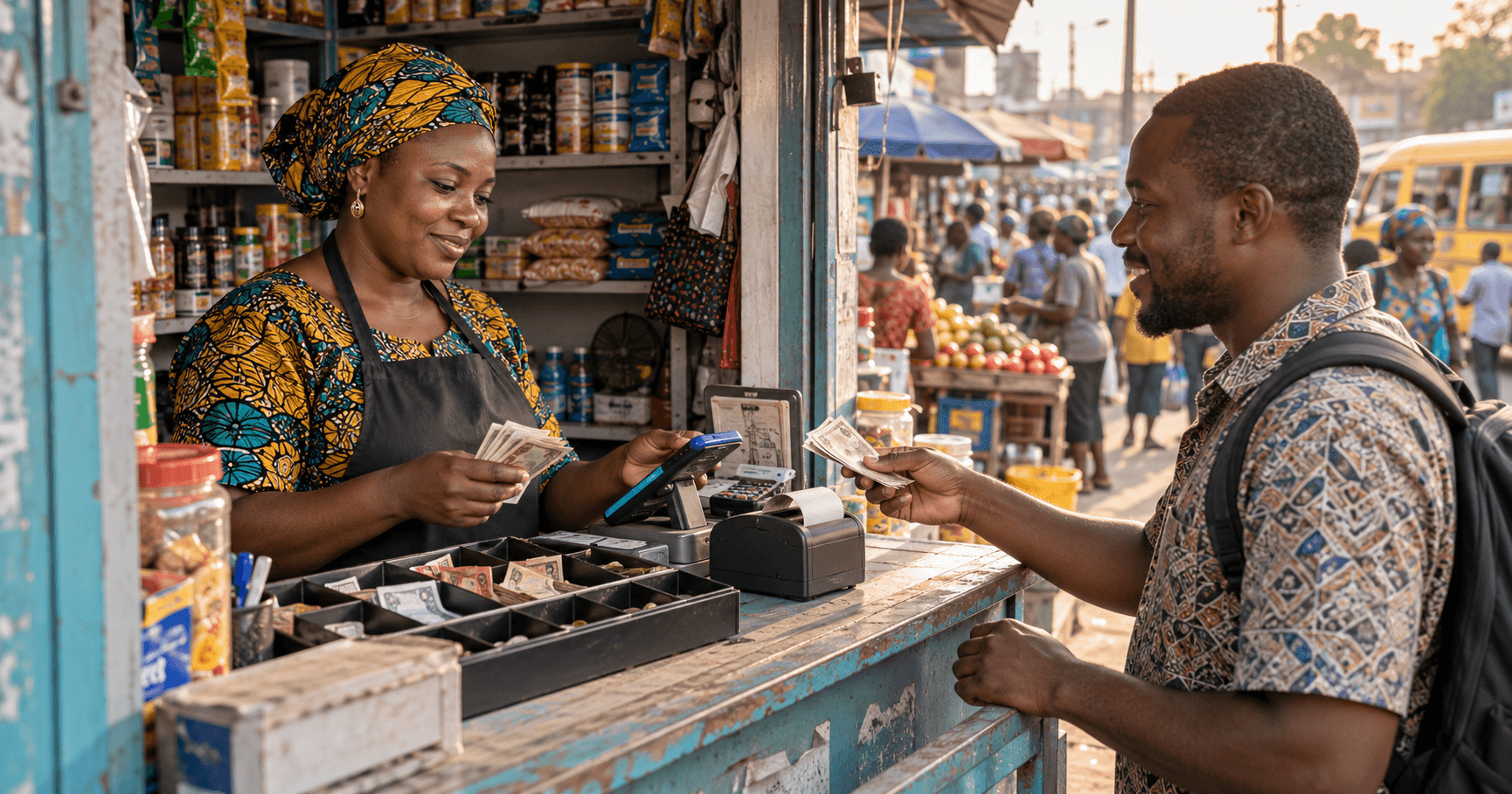 Emerging markets fintech agent handling cash-in and cash-out at a neighbourhood kiosk