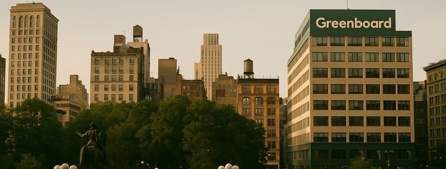 Union Square skyline in New York with the Greenboard name on a building, home of the Greenboard AI harness for SEC and FINRA compliance