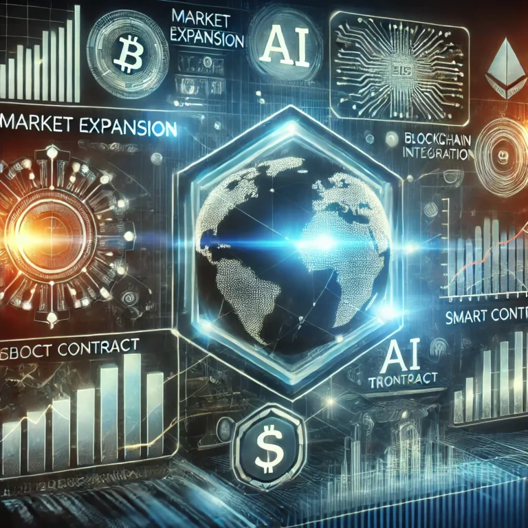 A futuristic digital interface showcasing financial growth, blockchain integration, and AI-driven financial solutions with glowing financial charts and embedded transaction icons.