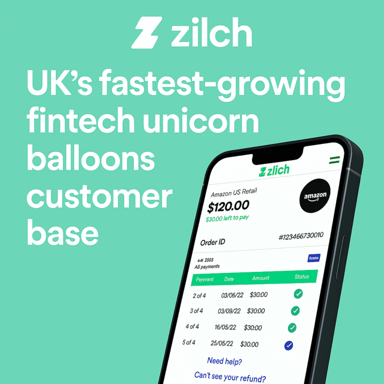 Zilch mobile app interface showing BNPL transaction summary, representing the UK fintech's rapid customer growth and market impact.