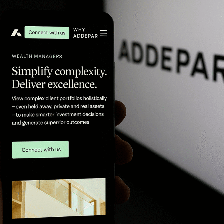 Addepar platform shown on smartphone, reflecting $230M Series G raise and global fintech expansion