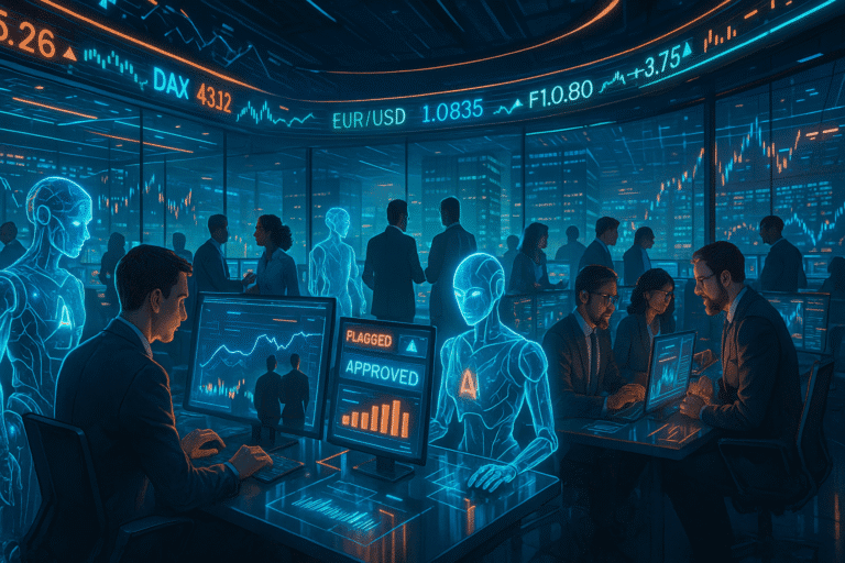 Illustration showing generative AI transforming financial services, with abstract financial data and algorithmic visual cues.