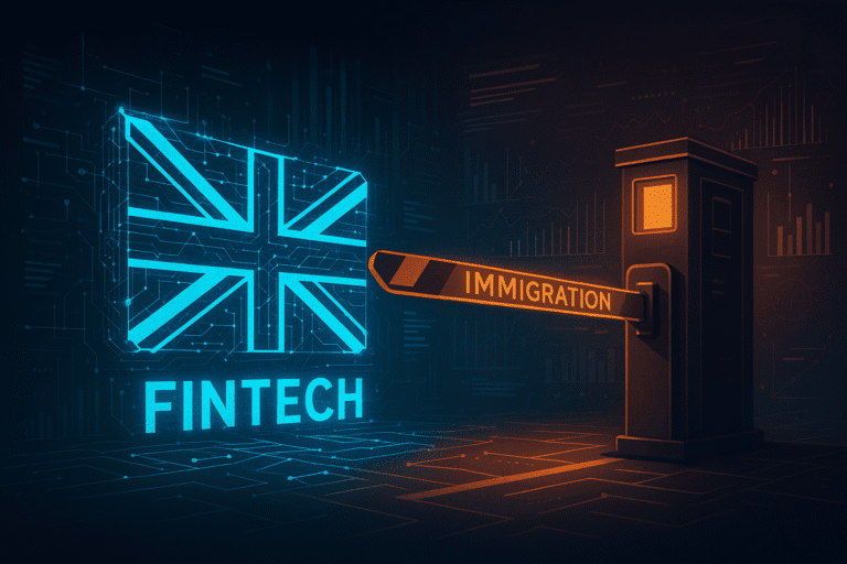 Futuristic digital illustration of UK fintech represented by a glowing Union Jack flag blocked by an immigration checkpoint, symbolizing talent access restrictions post-Brexit.