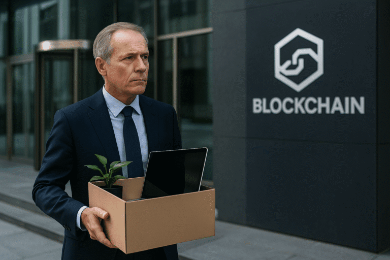 A financial executive steps out of a corporate office building, symbolizing the exodus of digital asset leaders from major banks like Morgan Stanley, Citi, and BNY Mellon to launch tokenization and blockchain ventures.