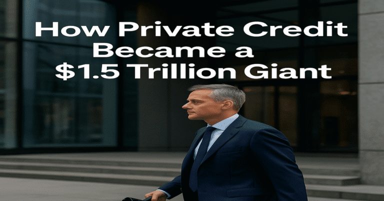 A business executive in a navy suit walks past a modern office building, symbolizing the rise of private credit in global finance in 2025.