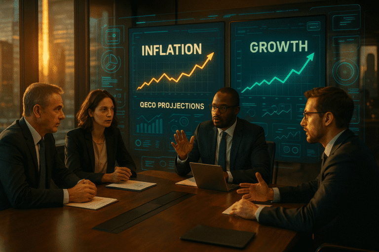 Fintech executives reviewing OECD Economic Outlook data in 2025 to inform strategic planning, product roadmaps, and macroeconomic risk scenarios across global markets.