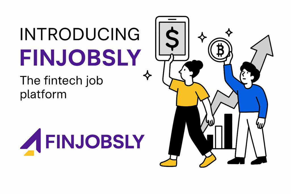 Finjobsly launch announcement banner with AI robot, fintech icons, and diverse professionals connecting through smart hiring technology.
