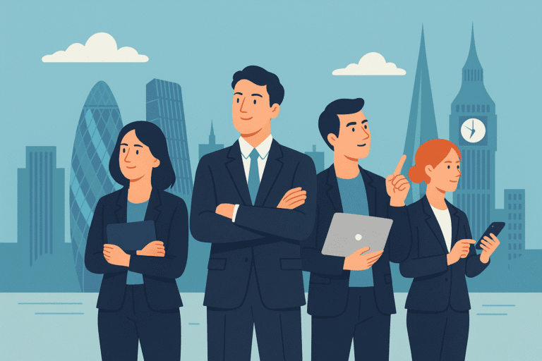 The Fintechs Dominating LinkedIn’s Top Startups 2025 List in London Illustration of four fintech professionals standing in front of London’s skyline with landmarks