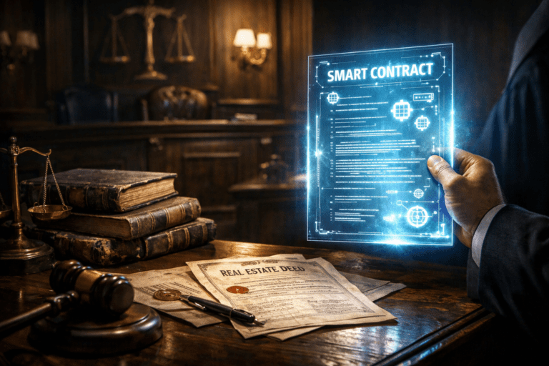 A glowing digital smart contract held up in a courtroom beside dusty law books and real estate deeds, symbolizing the clash between modern code and traditional legal systems.