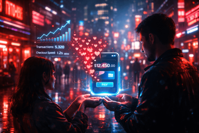 Valentine’s spending is hitting records, and payment habits are changing fast Couple making a mobile payment on a smartphone with a glowing heart in the background, symbolising Valentine’s Day spending and digital checkout.