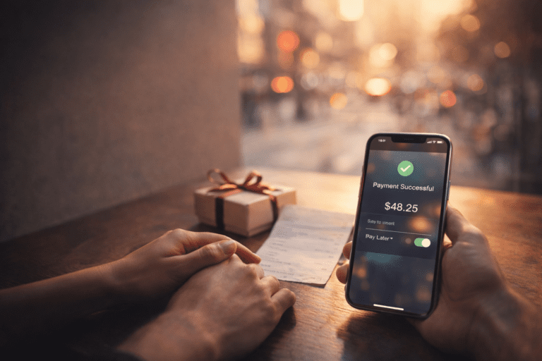 Person paying with a smartphone at a café table, showing a tap-to-pay checkout for last-minute Valentine’s shopping.