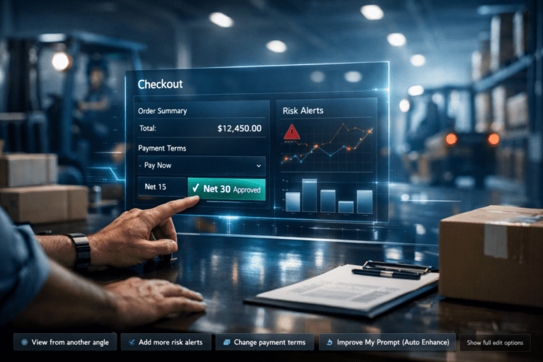 B2B buy now pay later dashboard in a warehouse setting showing approval and payment terms