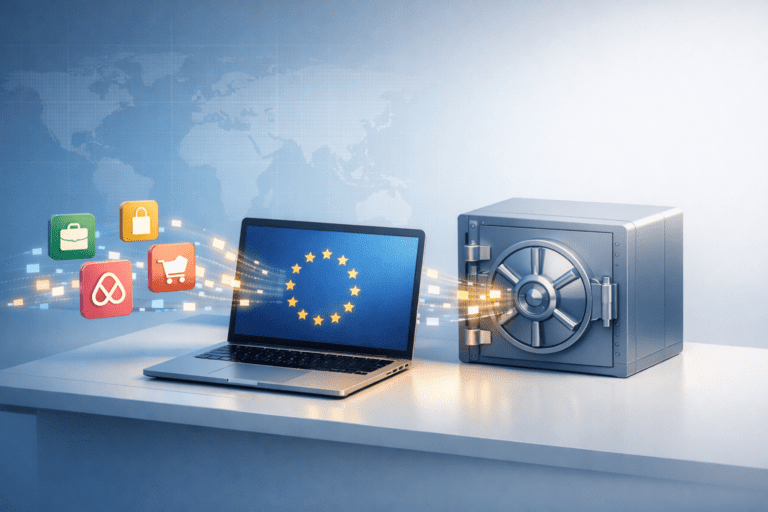 Freelancer working on laptop with digital platform icons representing DAC7 EU tax reporting