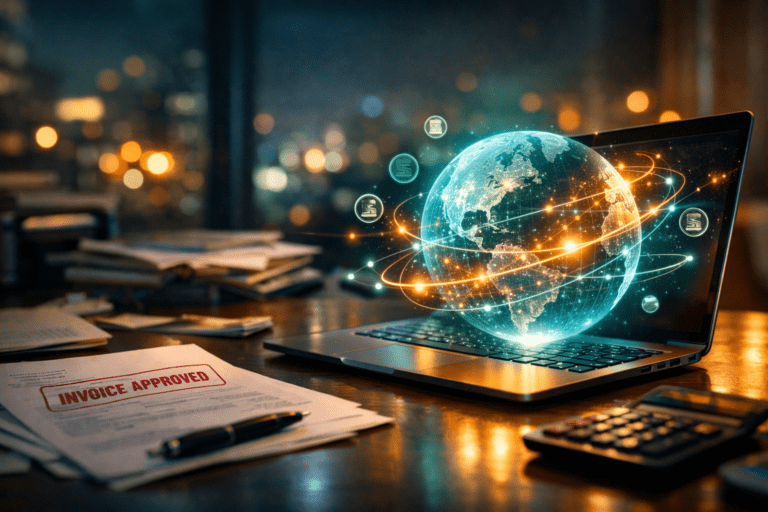 How Stablecoins Will Change B2B Cross-Border Payments in the Next 12 Months Digital globe showing stablecoin cross-border payment network connections between international business partners