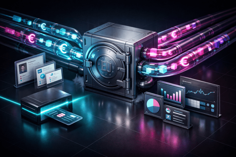 EU DAC7 directive digital compliance concept showing cross-border freelancer payment reporting and data governance