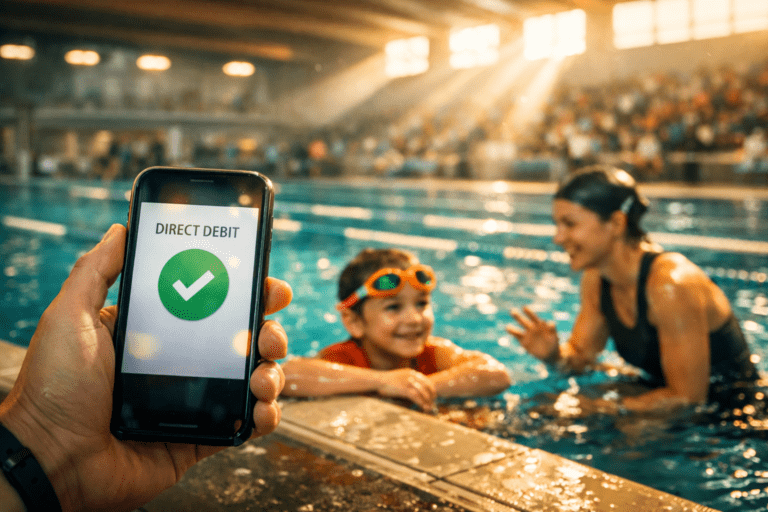 Parent using smartphone to make a cashless payment at a swim school while children swim in the background