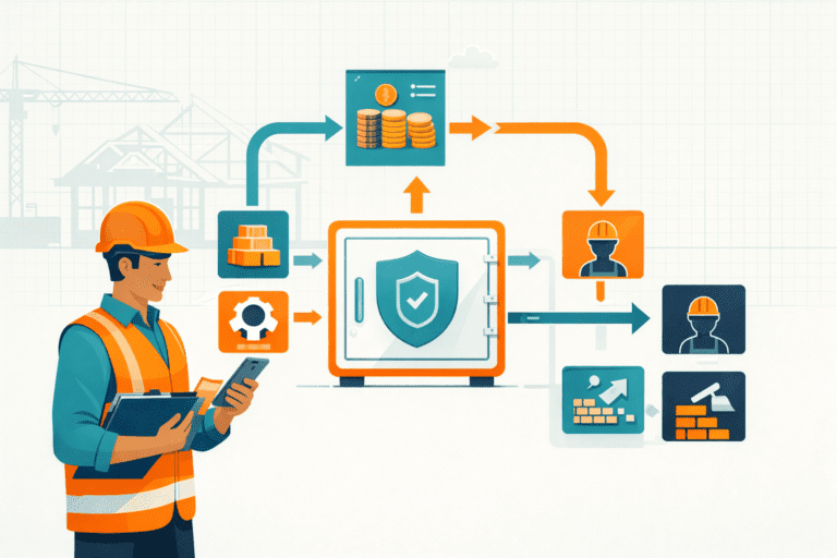 Builder reviewing digital payment dashboard on tablet at construction site