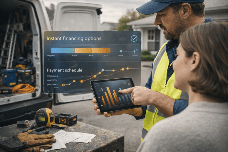 Contractor showing a homeowner financing options on a tablet during a home services job