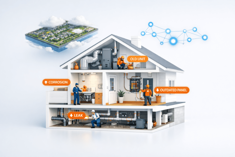 Cross-section illustration of a house showing plumbing, electrical, and HVAC systems that tradespeople inspect during service calls