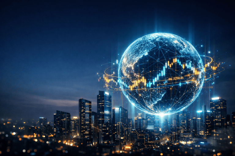 Digital globe with AI network connections glowing over a city skyline representing AI in finance