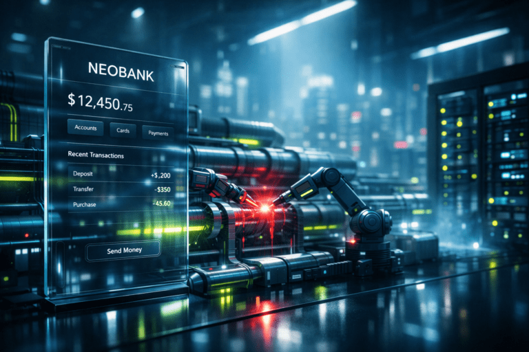 What Neobanks Must Do Differently to Achieve Profitability in 2026 Futuristic digital banking interface representing neobank technology and backend automation for profitability