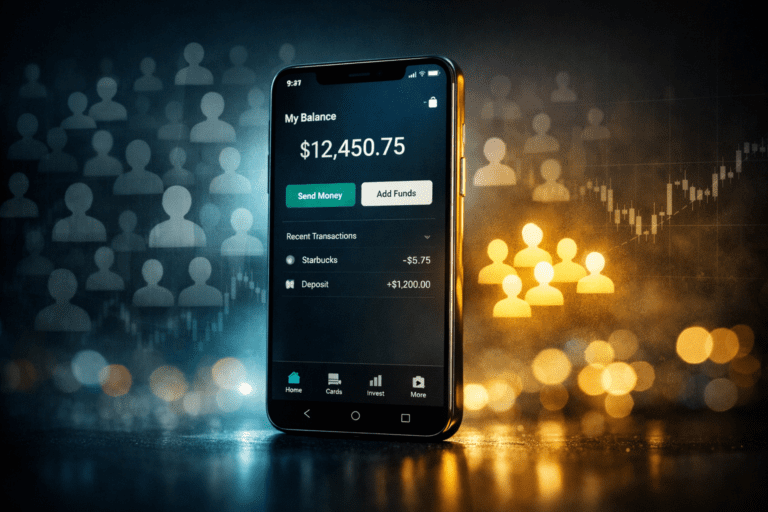 Digital banking app interface showing neobank revenue and customer engagement metrics