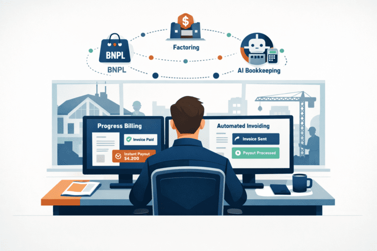 Construction business owner using fintech software to manage project payments and cash flow