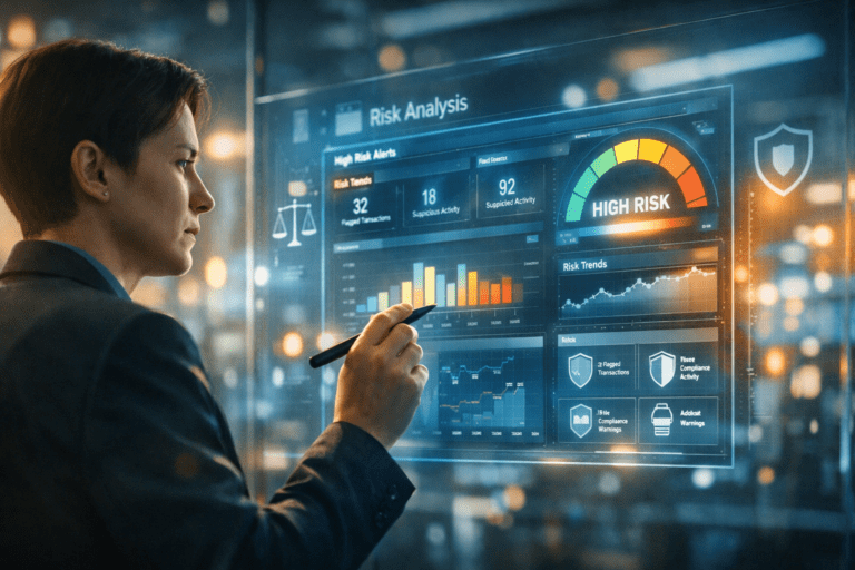 Fintech professional reviewing AI-powered data dashboards and financial analytics screens in a modern office