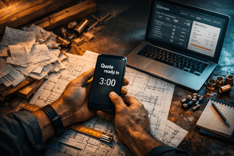 Tradesperson using a tablet to generate a digital quote on a job site