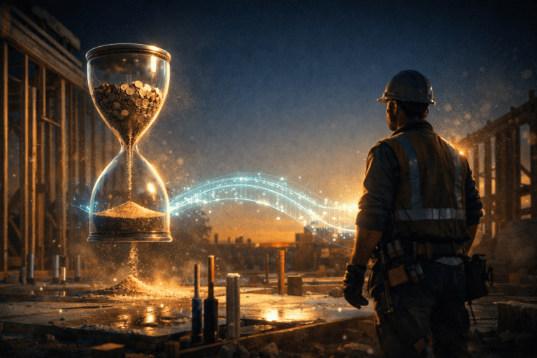 Your Best Fintech Customer Is Waiting 83 Days to Get Paid Construction worker standing on a building site at dusk representing the cash flow gap between completing work and getting paid