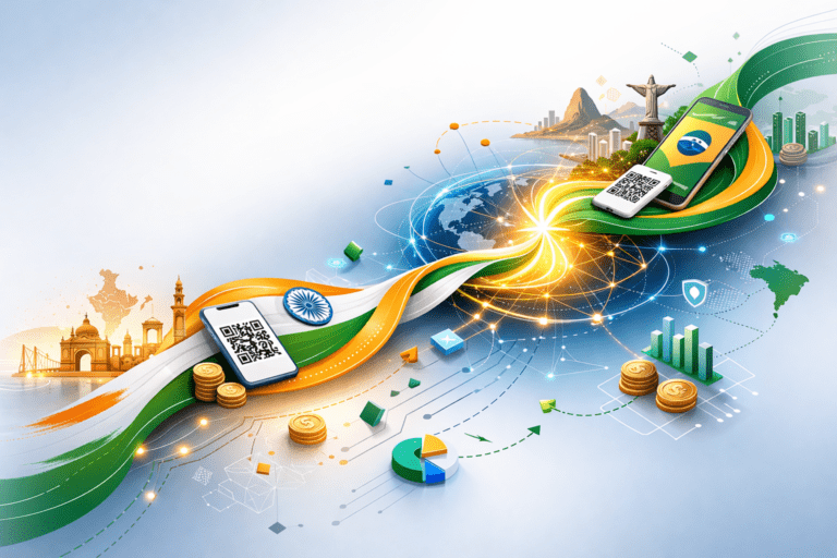 Digital payment systems connecting India and Brazil, illustrated with UPI and Pix symbols flowing between national flags
