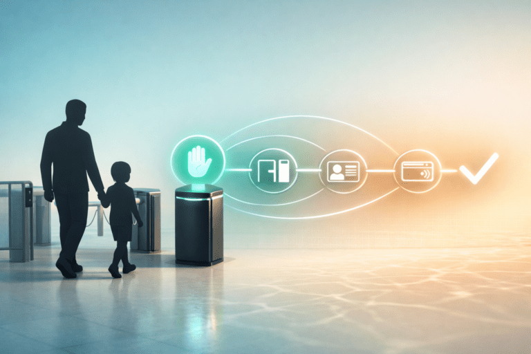 Palm scan payments terminal at a children's swim school reception for biometric check-in and contactless payment