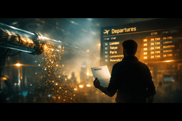 Freelancer reviewing international payment details at a global departures terminal